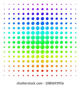 Sphere icon spectral halftone pattern. Vector sphere shapes arranged into halftone grid with vertical spectrum gradient. Designed for backgrounds, covers and abstract compositions.