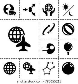 Sphere icons. set of 13 editable filled sphere icons such as globe, bowling ball, beach ball, atom move, core, globe and plane, holding globe, golf ball, sun and moon
