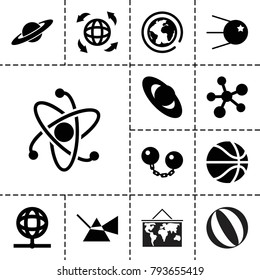 Sphere icons. set of 13 editable filled sphere icons such as planet, intersection, atom, core, globe, ball chain, basketball, world map