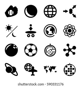 sphere icons set. Set of 16 sphere filled icons such as globe and plane, disco ball, baseball glove, fotball, globe, sun and moon, planet and satellite, atom move, atom