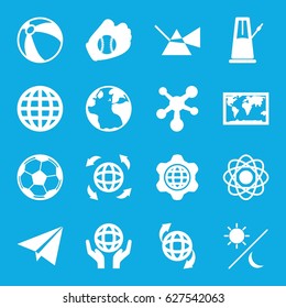 Sphere icons set. set of 16 sphere filled icons such as globe, beach ball, qround the globe, baseball glove, fotball, paper plane, atom, sun and moon, pendulum, world map