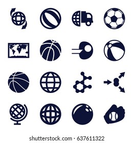 Sphere icons set. set of 16 sphere filled icons such as beach ball, qround the globe, baseball glove, basketball, fotball, globe, atom move, core, atom, bowling ball