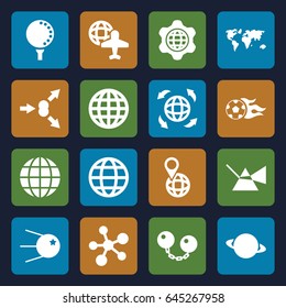 Sphere icons set. set of 16 sphere filled icons such as globe and plane, pin on globe, football ball, golf ball, ball chain, atom move, atom, core, planet, intersection