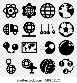 Sphere icons set. set of 16 sphere filled icons such as globe, globe and plane, volleyball, fotball, 1 2 3, ball chain, atom, core, bowling ball, world map, cradle