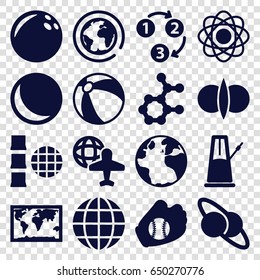 Sphere icons set. set of 16 sphere filled icons such as globe, beach ball, globe and plane, baseball glove, 1 2 3, pendulum, planet and satellite, atom fusion, atom, planet