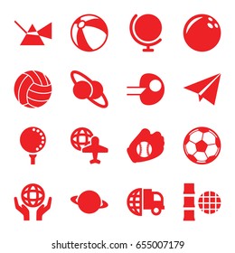 Sphere icons set. set of 16 sphere filled icons such as beach ball, globe and plane, holding globe, golf ball, baseball glove, volleyball, fotball, paper plane
