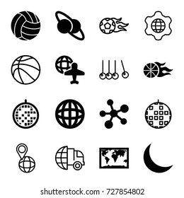 Sphere icons set. set of 16 sphere filled and outline icons such as globe and plane, crescent, disco ball, basketball, volleyball, planet and satellite, atom, pin on globe