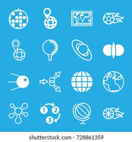 Sphere icons set. set of 16 sphere filled and outline icons such as pin on globe, 1 2 3, globe, atom fusion, core, atom, football ball, basketball, golf ball, disco ball