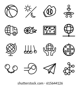 Sphere icons set. set of 16 sphere outline icons such as beach ball, holding globe, globe, paper plane, sun and moon, ball chain, basketball, baseball glove