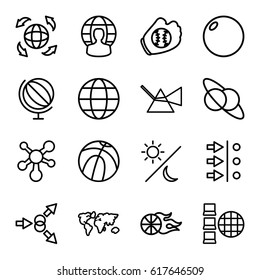 Sphere icons set. set of 16 sphere outline icons such as globe, user globe, atom, sun and moon, basketball, baseball glove, world map, intersection, planet and satellite