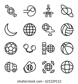 Sphere icons set. set of 16 sphere outline icons such as beach ball, globe and plane, qround the globe, globe, crescent, ball chain, baseball glove, volleyball, fotball
