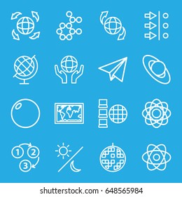 Sphere icons set. set of 16 sphere outline icons such as qround the globe, holding globe, globe, disco ball, 1 2 3, paper plane, sun and moon, atom, planet, world map