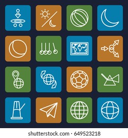 Sphere icons set. set of 16 sphere outline icons such as qround the globe, pin on globe, crescent, paper plane, globe, sun and moon, pendulum, fotball, world map, intersection