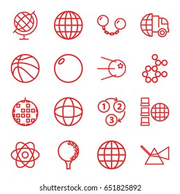 Sphere icons set. set of 16 sphere outline icons such as globe, 1 2 3, ball chain, golf ball, basketball, international delivery, intersection, atom, core