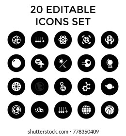 Sphere icons. set of 20 editable filled sphere icons such as basketball, cradle, disco ball, bowling ball, atom, core, planet. best quality sphere elements in trendy style.