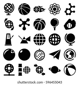 sphere icons set. Set of 25 sphere filled icons such as beach ball, qround the globe, disco ball, basketball, golf ball, globe, paper plane, atom, pendulum, planet