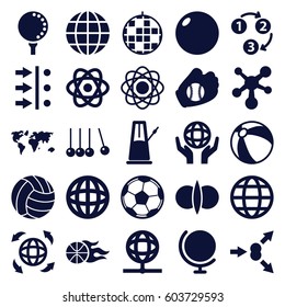 Sphere icons set. set of 25 sphere filled icons such as beach ball, holding globe, globe, basketball, golf ball, baseball glove, volleyball, fotball, 1 2 3, atom, pendulum