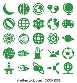 Sphere icons set. set of 25 sphere filled icons such as globe, crescent, disco ball, football ball, basketball, volleyball, fotball, globe in gear, pendulum, atom