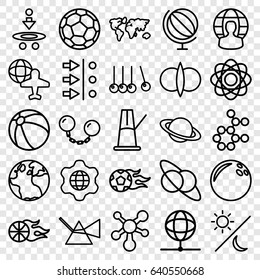 Sphere icons set. set of 25 sphere outline icons such as globe, beach ball, globe and plane, atom, sun and moon, pendulum, ball chain, football ball, basketball, world map