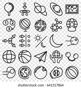 Sphere icons set. set of 25 sphere outline icons such as holding globe, crescent, disco ball, user globe, 1 2 3, paper plane, globe, sun and moon, ball chain, golf ball