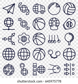 Sphere icons set. set of 25 sphere outline icons such as beach ball, qround the globe, pin on globe, disco ball, paper plane, ball chain, golf ball, baseball glove