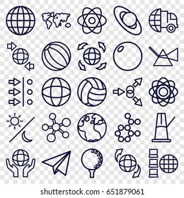 Sphere icons set. set of 25 sphere outline icons such as globe, qround the globe, holding globe, paper plane, sun and moon, pendulum, golf ball, volleyball