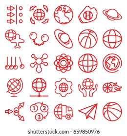 Sphere icons set. set of 25 sphere outline icons such as globe, globe and plane, 1 2 3, paper plane, atom, ball chain, basketball, baseball glove, international delivery