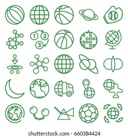 Sphere icons set. set of 25 sphere outline icons such as globe, globe and plane, pin on globe, crescent, 1 2 3, ball chain, baseball glove, basketball, fotball
