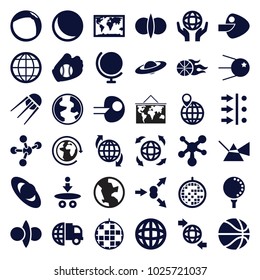 Sphere icons. set of 36 editable filled sphere icons such as international delivery, globe, planet, world map, intersection, sphere, disco ball, atom fusion, atom move, core