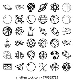 Sphere icons. set of 36 editable outline sphere icons such as globe, 1 2 3, beach ball, international delivery, world map, atom, planet, sphere, disco ball, bowling ball, core