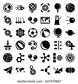 Sphere icons set. set of 36 sphere filled icons such as beach ball, globe and plane, qround the globe, football ball, golf ball, volleyball, basketball, 1 2 3, paper plane