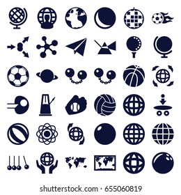 Sphere icons set. set of 36 sphere filled icons such as globe, qround the globe, football ball, golf ball, baseball glove, volleyball, fotball, paper plane, pendulum