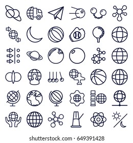 Sphere icons set. set of 36 sphere outline icons such as globe, globe and plane, crescent, paper plane, atom, sun and moon, pendulum, ball chain, golf ball, baseball glove