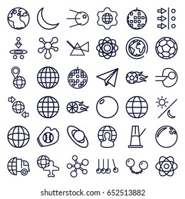 Sphere icons set. set of 36 sphere outline icons such as globe, globe and plane, crescent, disco ball, paper plane, atom, sun and moon, pendulum, ball chain, football ball