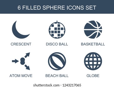 sphere icons. Set of 6 filled sphere icons included crescent, disco ball, basketball, atom move, beach ball, globe on . Editable sphere icons for web, mobile and infographics.