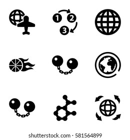 sphere icons set. Set of 9 sphere filled icons such as globe and plane, globe, basketball, 1 2 3, ball chain, atom