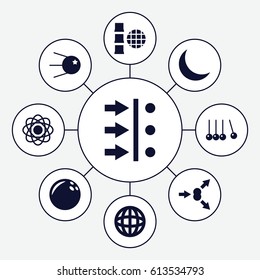 Sphere icons set. set of 9 sphere filled icons such as crescent, atom move, core, bowling ball, atom, cradle, globe