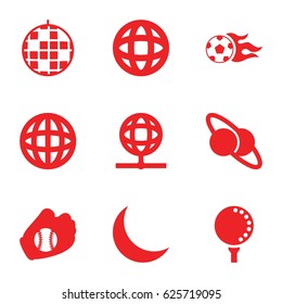 Sphere icons set. set of 9 sphere filled icons such as crescent, football ball, golf ball, baseball glove, globe, planet and satellite