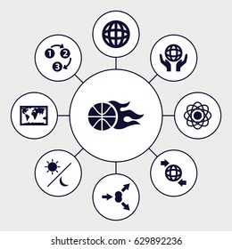Sphere icons set. set of 9 sphere filled icons such as qround the globe, holding globe, basketball, 1 2 3, sun and moon, atom move, atom, world map