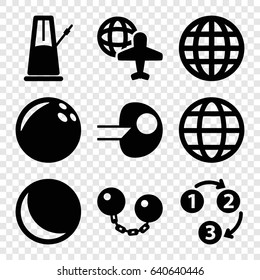 Sphere icons set. set of 9 sphere filled icons such as globe and plane, globe, 1 2 3, pendulum, ball chain, core, bowling ball