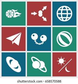 Sphere icons set. set of 9 sphere filled icons such as basketball, globe, paper plane, sun and moon, ball chain, planet and satellite, atom move, beach ball