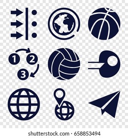 Sphere icons set. set of 9 sphere filled icons such as pin on globe, volleyball, globe, 1 2 3, paper plane, atom move, core, planet