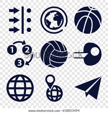 Sphere icons set. set of 9 sphere filled icons such as pin on globe, volleyball, globe, 1 2 3, paper plane, atom move, core, planet