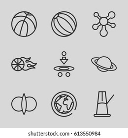Sphere icons set. set of 9 sphere outline icons such as atom, pendulum, basketball, atom fusion, planet