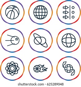 Sphere icons set. set of 9 sphere outline icons such as qround the globe, globe, basketball, atom, planet and satellite, atom move