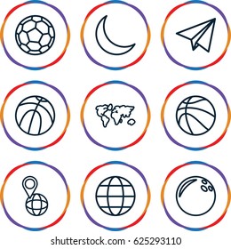 Sphere icons set. set of 9 sphere outline icons such as pin on globe, crescent, globe, paper plane, basketball, fotball, world map