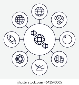 Sphere icons set. set of 9 sphere outline icons such as qround the globe, globe, 1 2 3, international delivery, atom, planet, intersection
