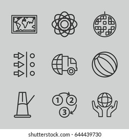 Sphere icons set. set of 9 sphere outline icons such as holding globe, disco ball, 1 2 3, pendulum, international delivery, atom, world map, atom move