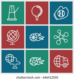 Sphere icons set. set of 9 sphere outline icons such as globe and plane, globe, pendulum, football ball, basketball, golf ball, baseball glove, international delivery