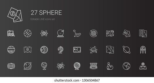 sphere icons set. Collection of sphere with bowling, cradle, earth globe, atom, globe, planet, global, map, earth, jupiter, earth grid, molecules. Editable and scalable sphere icons.